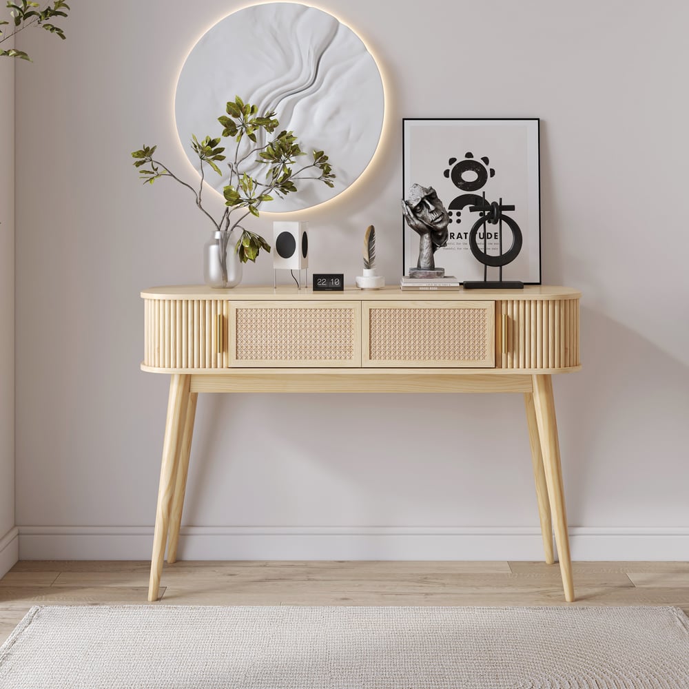 Domande e risposte per Consolle in legno naturale con contenitore (47,2 «)