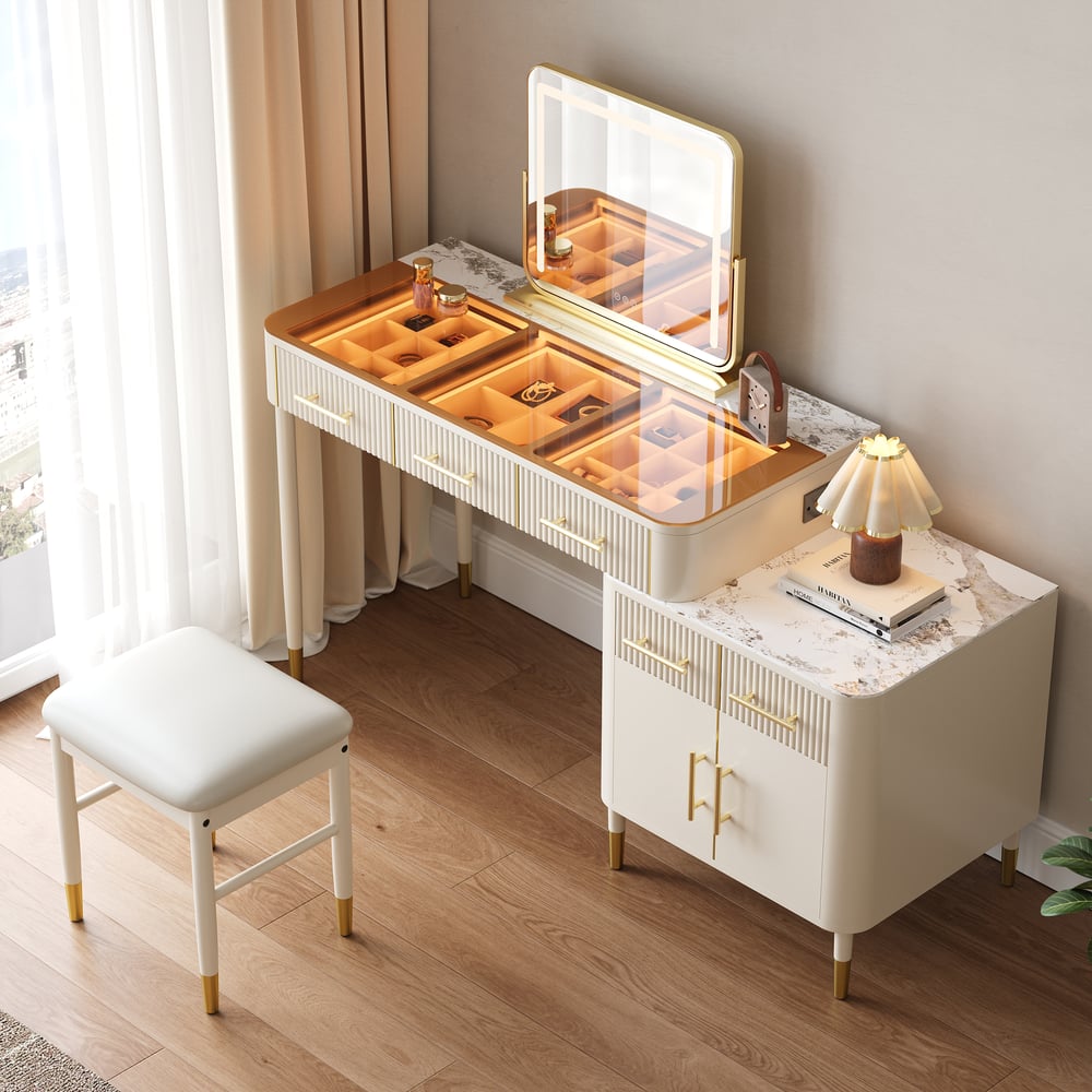 Avis Clients sur ensemble de coiffeuse en pierre frittée en verre blanc avec miroir