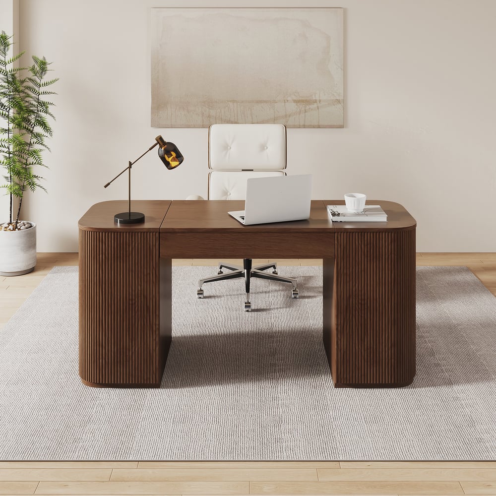 Questions et Réponses pour Bureau debout moderne en noyer avec 2 portes et grand bureau de rangement