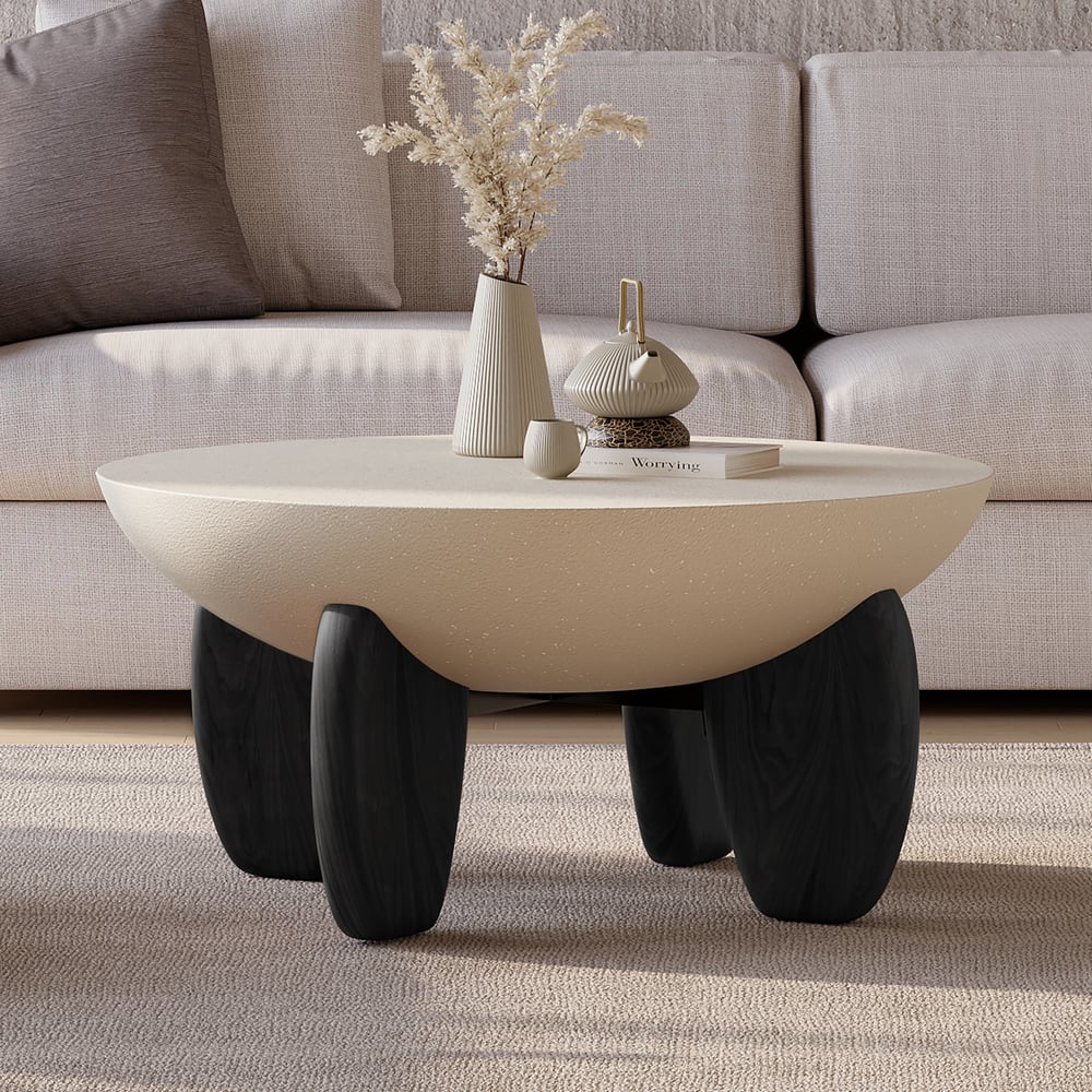 Avis Clients sur Table basse ronde Curva en béton noyer avec pieds en bois