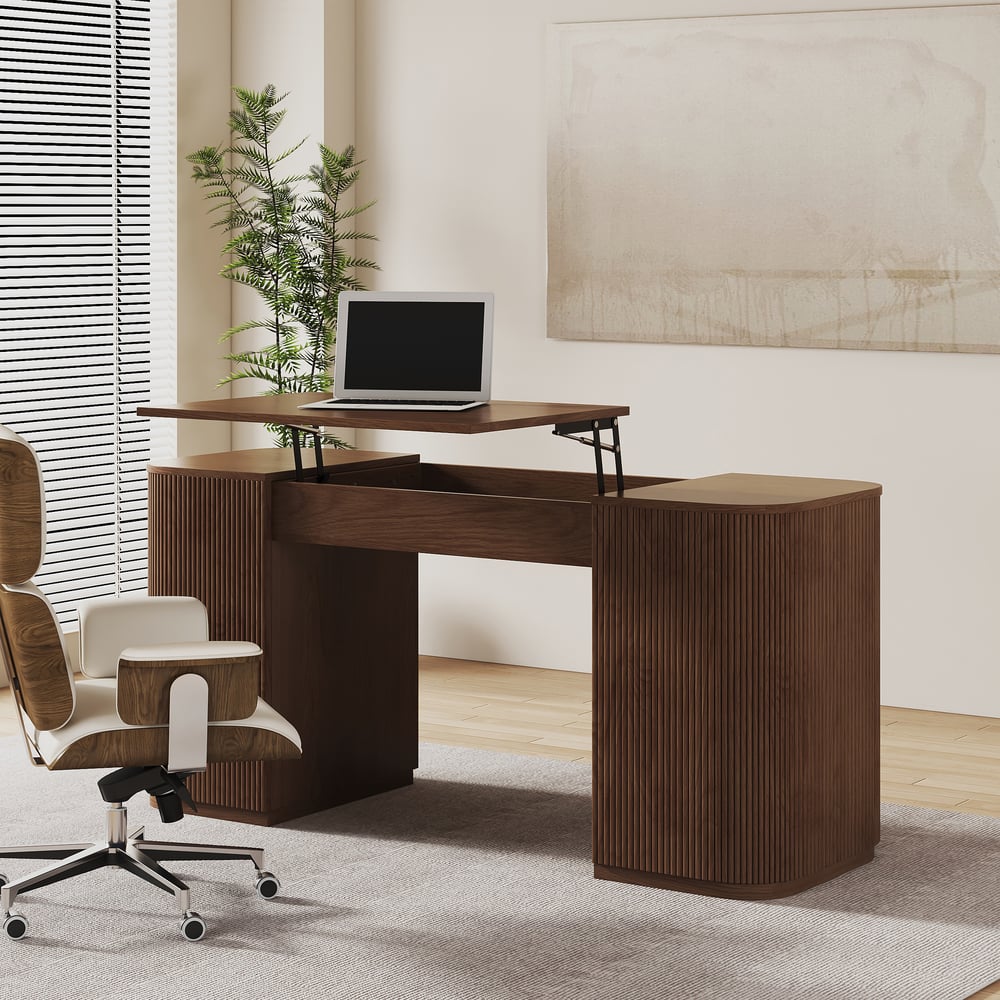 Questions et Réponses pour Bureau debout moderne en noyer avec 2 portes et grand bureau de rangement