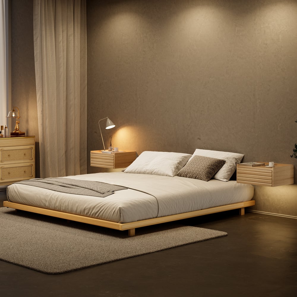 Japanese Style Queen Low Bed Frame Solid Wooden Floor Bed in Walnut｜Homary