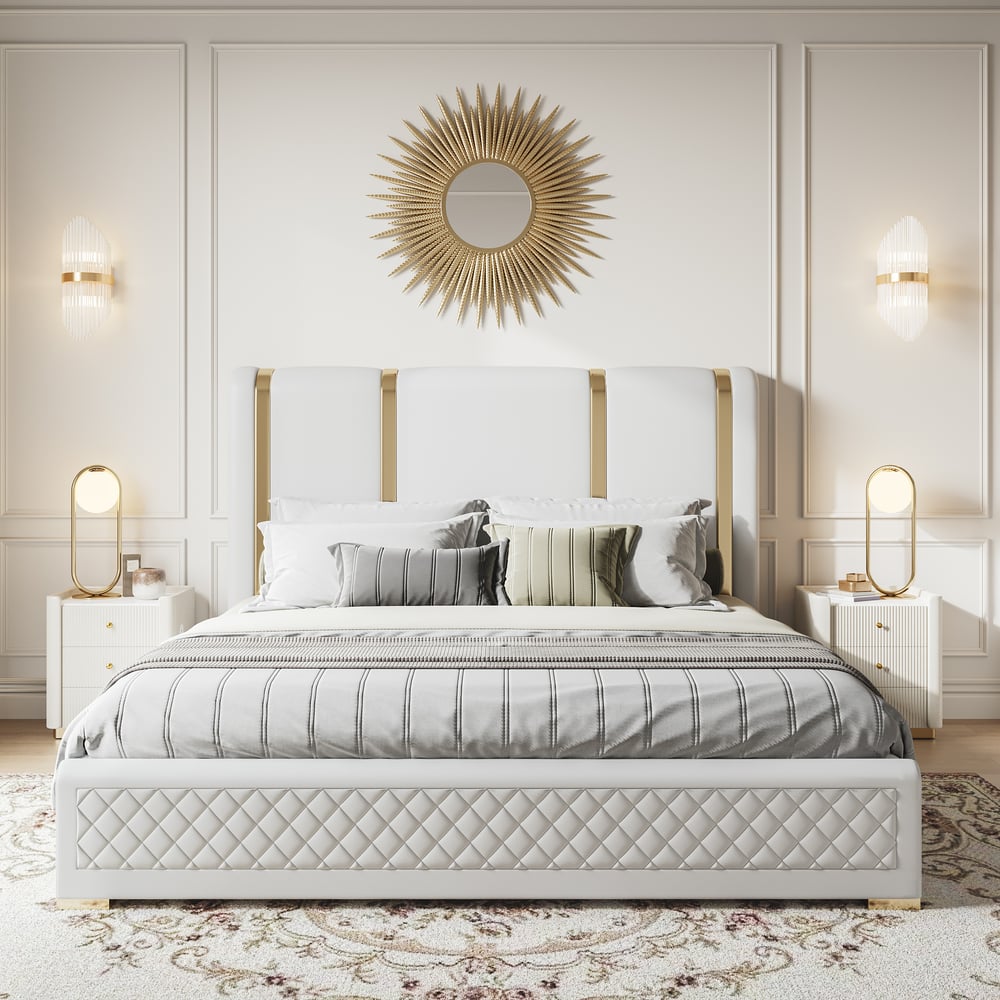 King Size Upholstered Bed Frame Polished Gold & Faux Leather Headboard & Nightstands Set King Size Upholstered Bed Frame Polished Gold & Faux Leather Headboard & Nightstands Set window image
