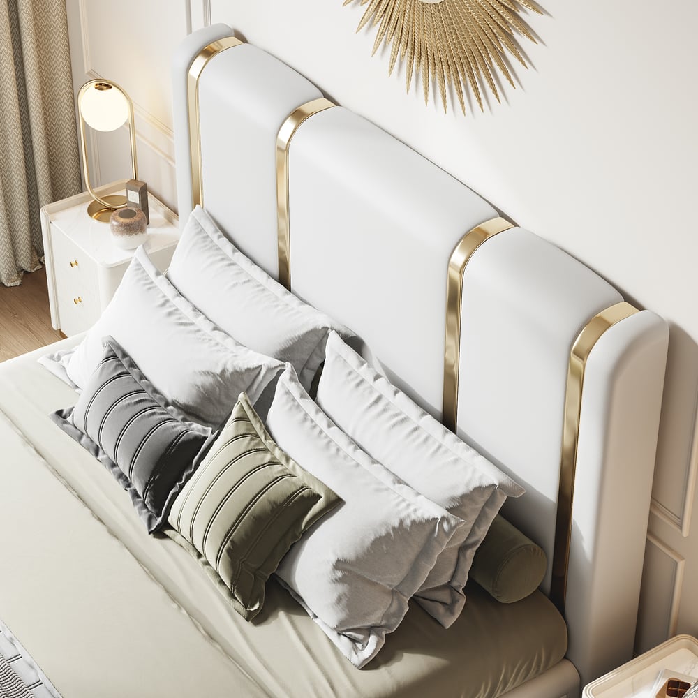 King Size Upholstered Bed Frame Polished Gold & Faux Leather Headboard & Nightstands Set King Size Upholstered Bed Frame Polished Gold & Faux Leather Headboard & Nightstands Set window image