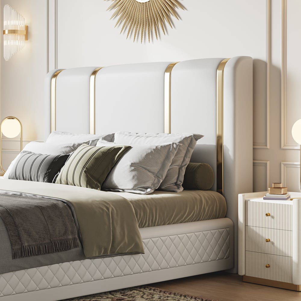 Questions and Answers for King Size Upholstered Bed Frame with Polished Gold and Faux Leather Headboard