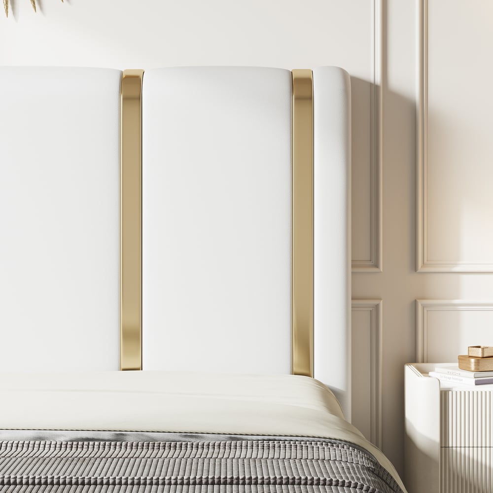 King Size Upholstered Bed Frame Polished Gold & Faux Leather Headboard & Nightstands Set King Size Upholstered Bed Frame Polished Gold & Faux Leather Headboard & Nightstands Set window image