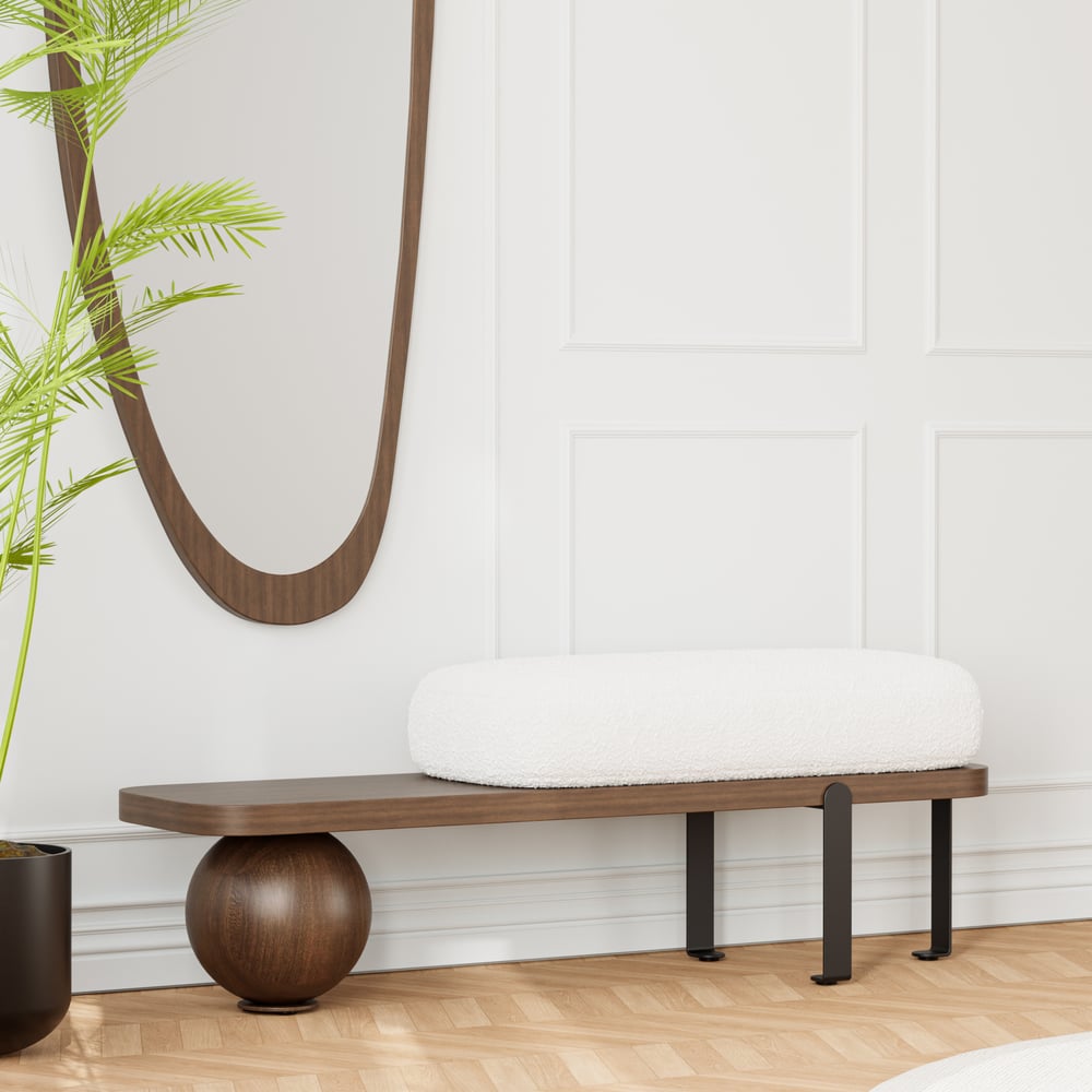 Questions and Answers for Black & Walnut Wooden Bench Upholstered with Abstract Metal Legs