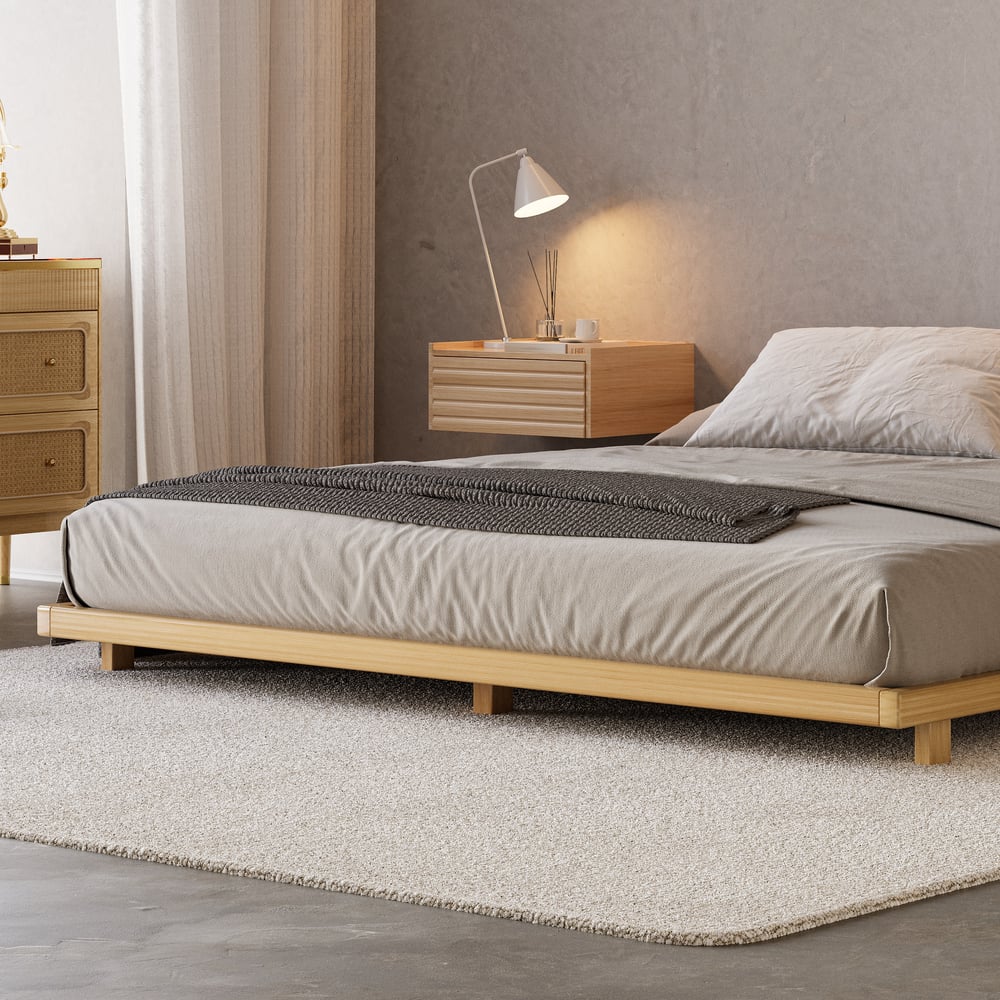 Japanese Style Queen Low Bed Frame Solid Wooden Floor Bed in Walnut｜Homary