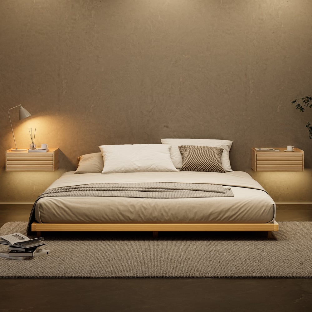 Japanese Style Queen Low Bed Frame Solid Wooden Floor Bed in Walnut｜Homary
