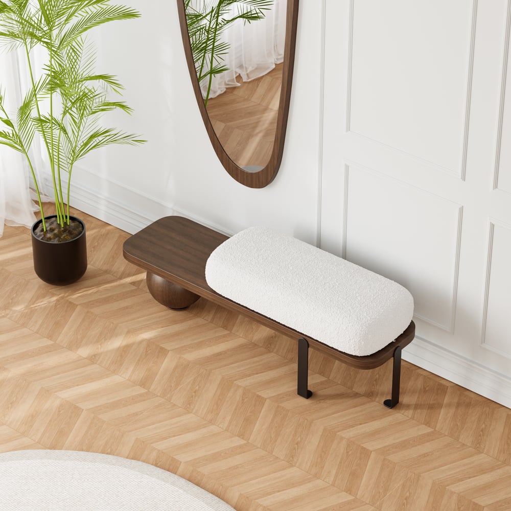 Questions and Answers for Black & Walnut Wooden Bench Upholstered with Abstract Metal Legs