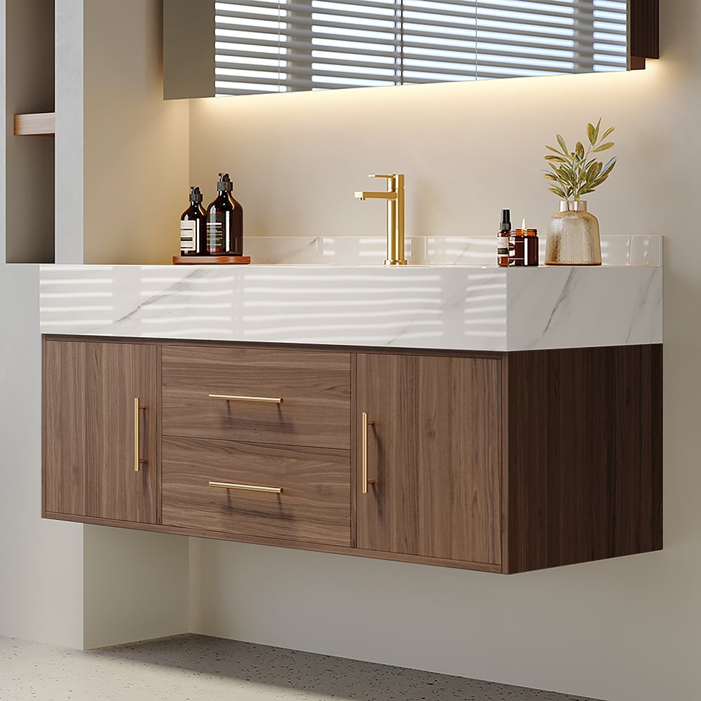 Questions and Answers for 1000mm Walnut Floating Bathroom Vanity Set Stone Top Wall Mounted Bathroom Cabinet