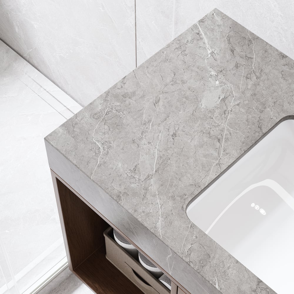 Questions and Answers for  35.4" Floating Bathroom Vanity with Sintered Stone Vessel Sink Walnut