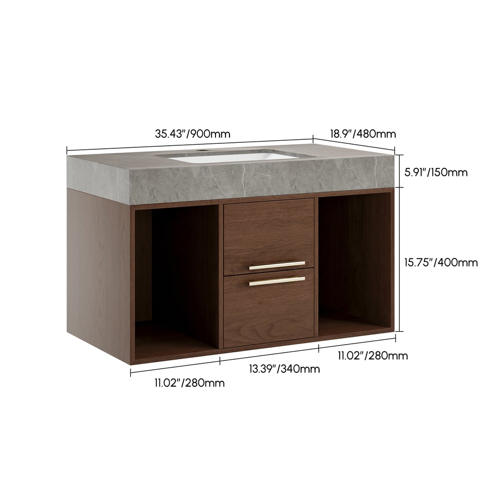 35.4" Floating Bathroom Vanity with Sintered Stone Vessel Sink Walnut weights dimensions image