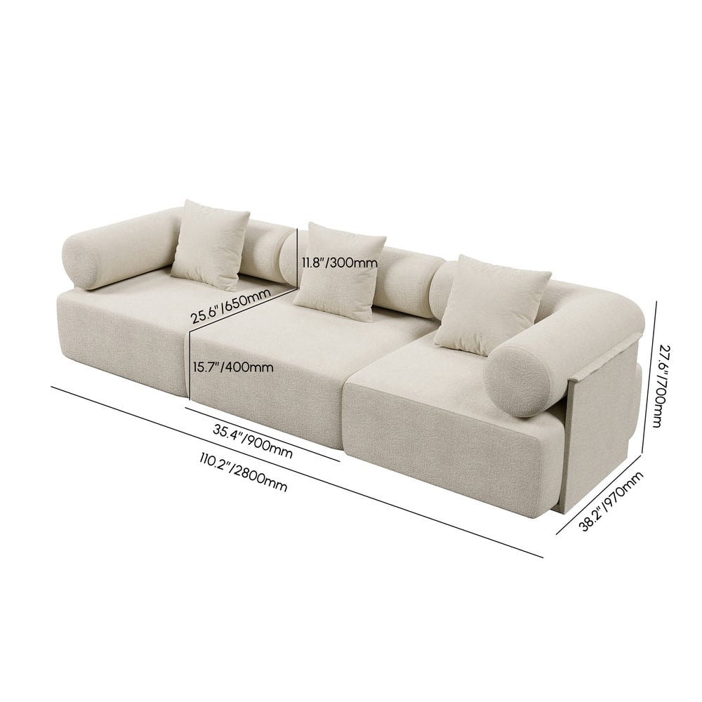 Serene 110" Modern 3-Piece Modular White ChenilleVelvet 3-Seater Sofa weights dimensions image