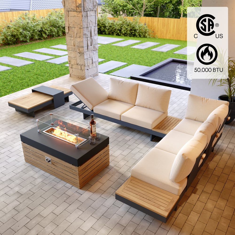 Questions and Answers for 5-Pieces Modular Teak Outdoor Sofa Set with Smokeless Fire Pit for 6 Person in Beige