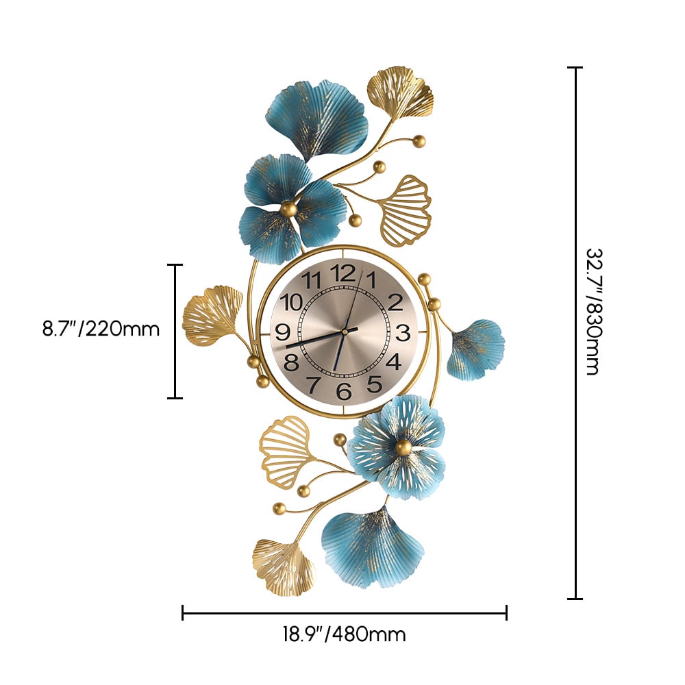 Modern Metal Large Wall Clock 3D Ginkgo Leaves & Flowers Home Decor Art weights dimensions image