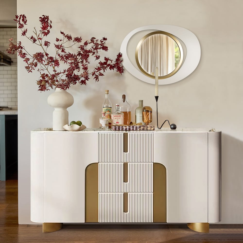 Questions et Réponses pour Miroir mural moderne à géométrie abstraite blanche et dorée, décoration de salon et de chambre