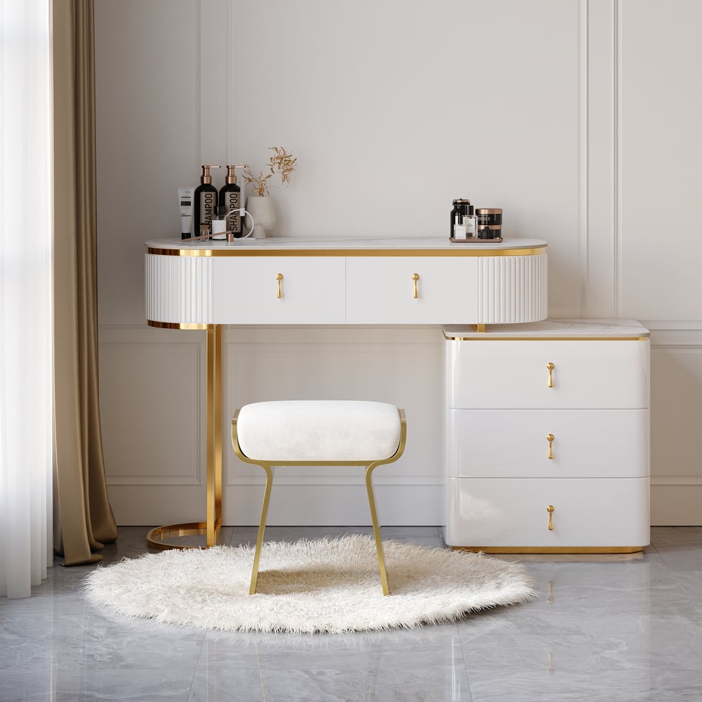 Oceny klientów dla Nowoczesna biała rozkładana toaletka z 5 szufladami i kamiennym blatem