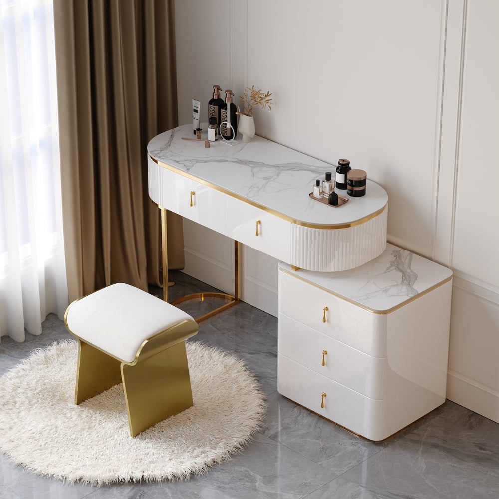 Oceny klientów dla Nowoczesna biała rozkładana toaletka z 5 szufladami i kamiennym blatem