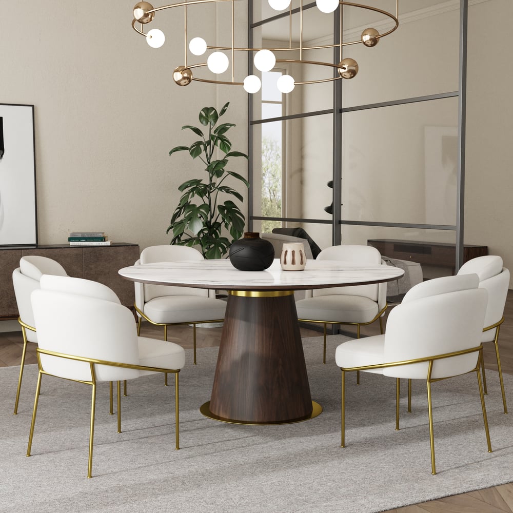 Domande e risposte per Tavolo da pranzo rotondo moderno Mid-Century da 59" con piano in pietra sinterizzata 6 posti