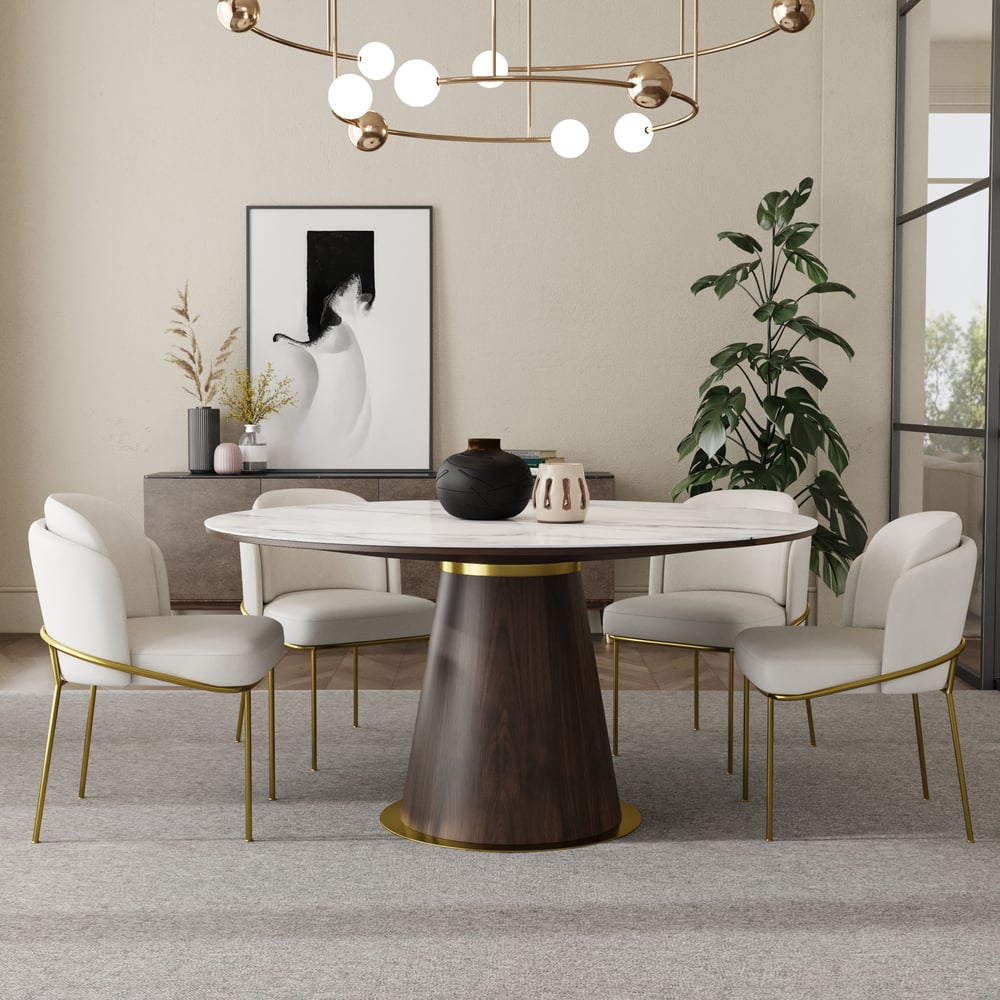 Domande e risposte per Tavolo da pranzo rotondo moderno Mid-Century da 59" con piano in pietra sinterizzata 6 posti