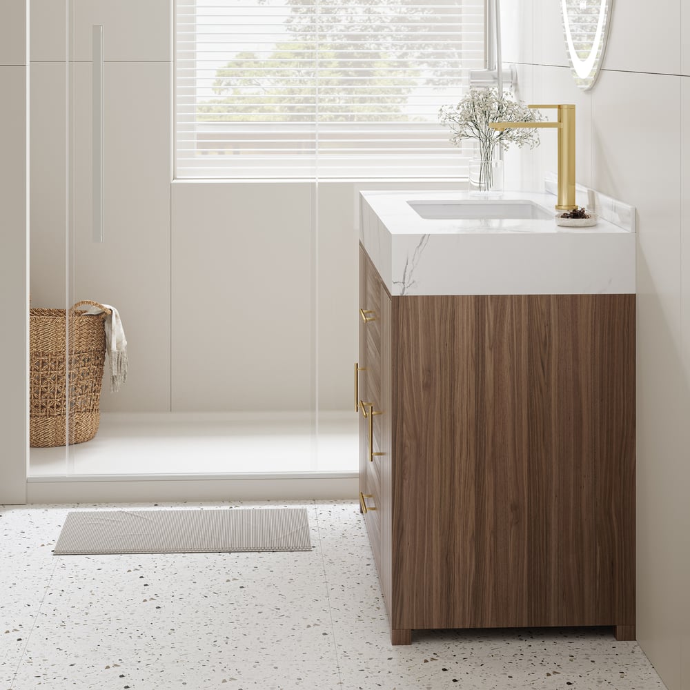 Hodnocení zákazníků pro položku Moderní ořechová 1000 mm volně stojící koupelnová skříňka s kamenným povrchem