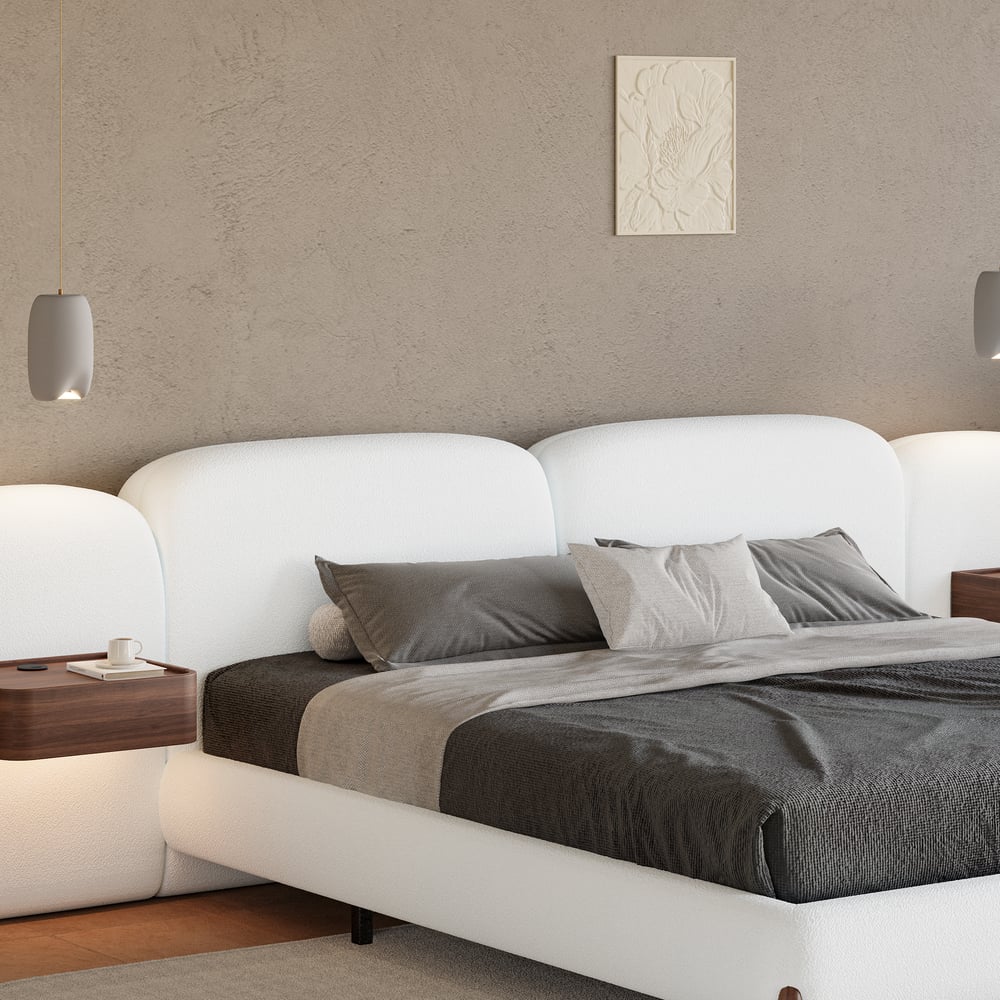 Curva King Size Boucle Bed with Headboard & Floating Smart Nightstand Set