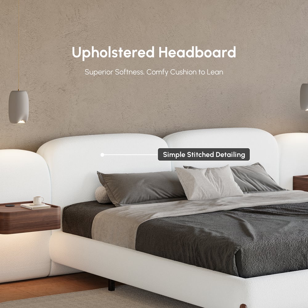 Curva King Size Boucle Bed with Headboard & Floating Smart Nightstand Set
