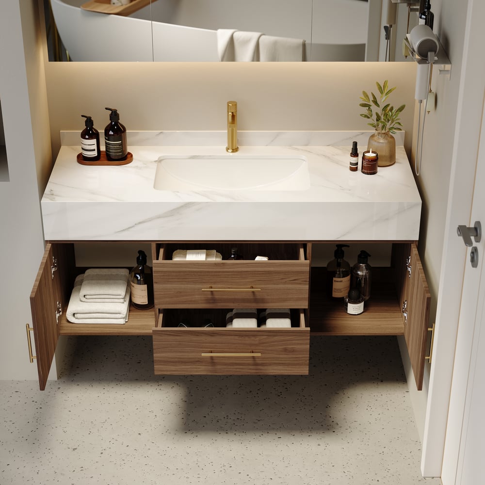 Klantrecensies voor Moderne wandgemonteerde badkamerkast van 1000 mm in notenhout met steenafwerking