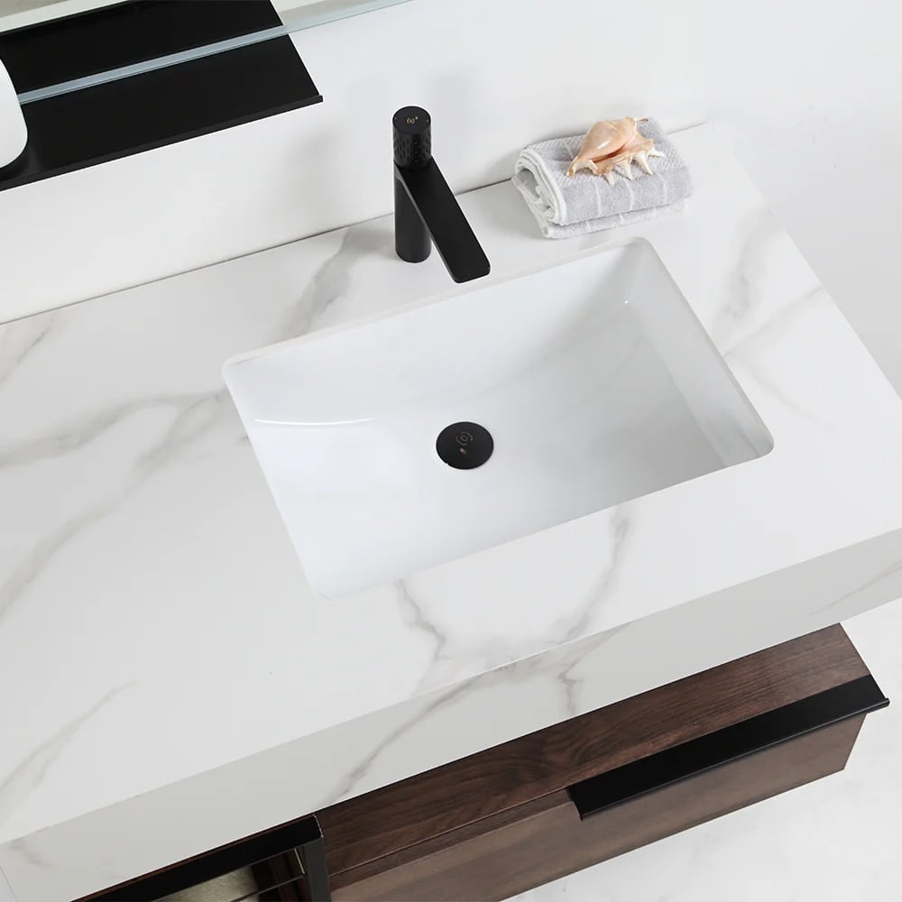 Avis Clients sur Meuble-lavabo mural en faux marbre 1000 mm avec 2 étagères et 1 tiroir