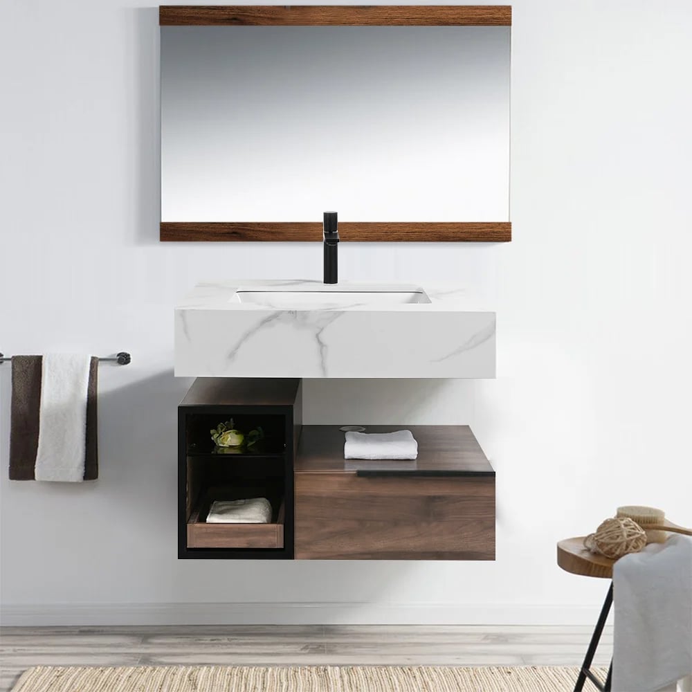 Customer Reviews for 800mm Wall-Mounted Bathroom Vanity Faux Marble Top with 2 Shelves & 1 Drawer
