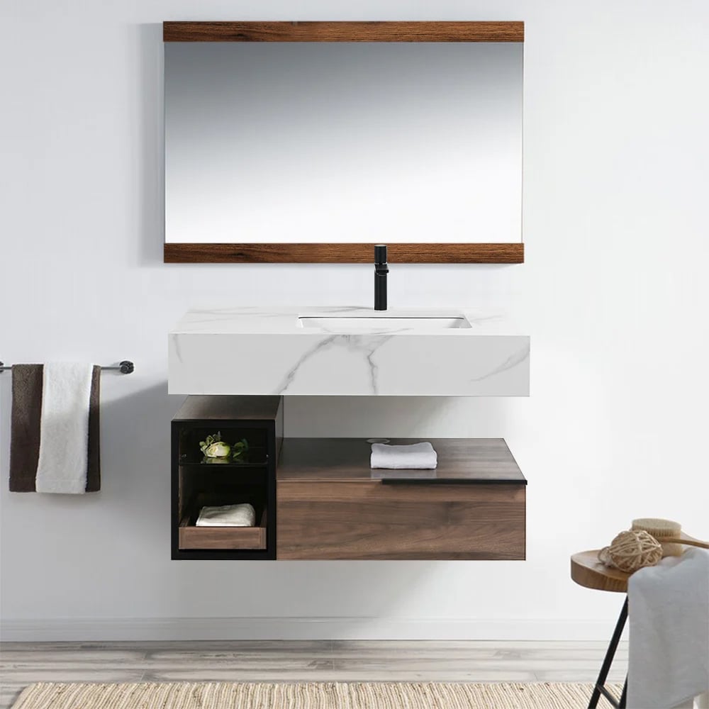 Avis Clients sur Meuble-lavabo mural en faux marbre 1000 mm avec 2 étagères et 1 tiroir