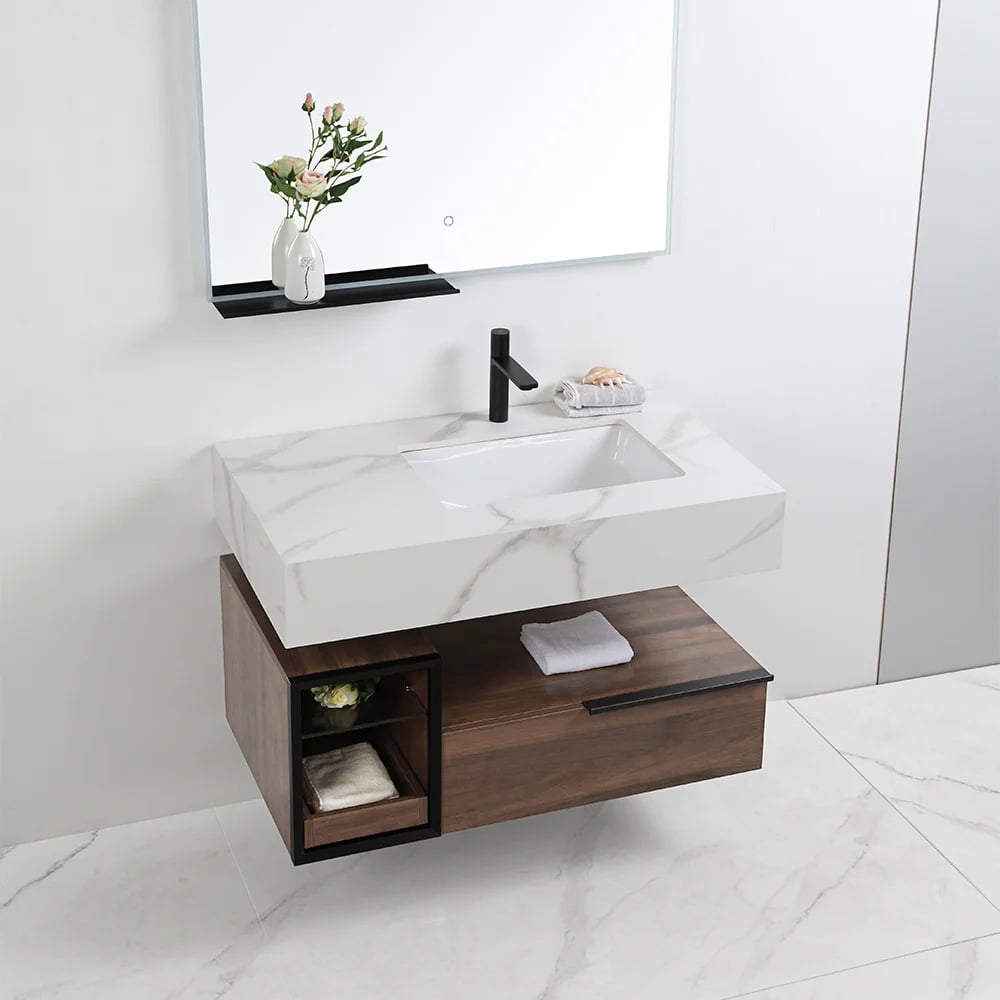 Avis Clients sur Meuble-lavabo mural en faux marbre 1000 mm avec 2 étagères et 1 tiroir