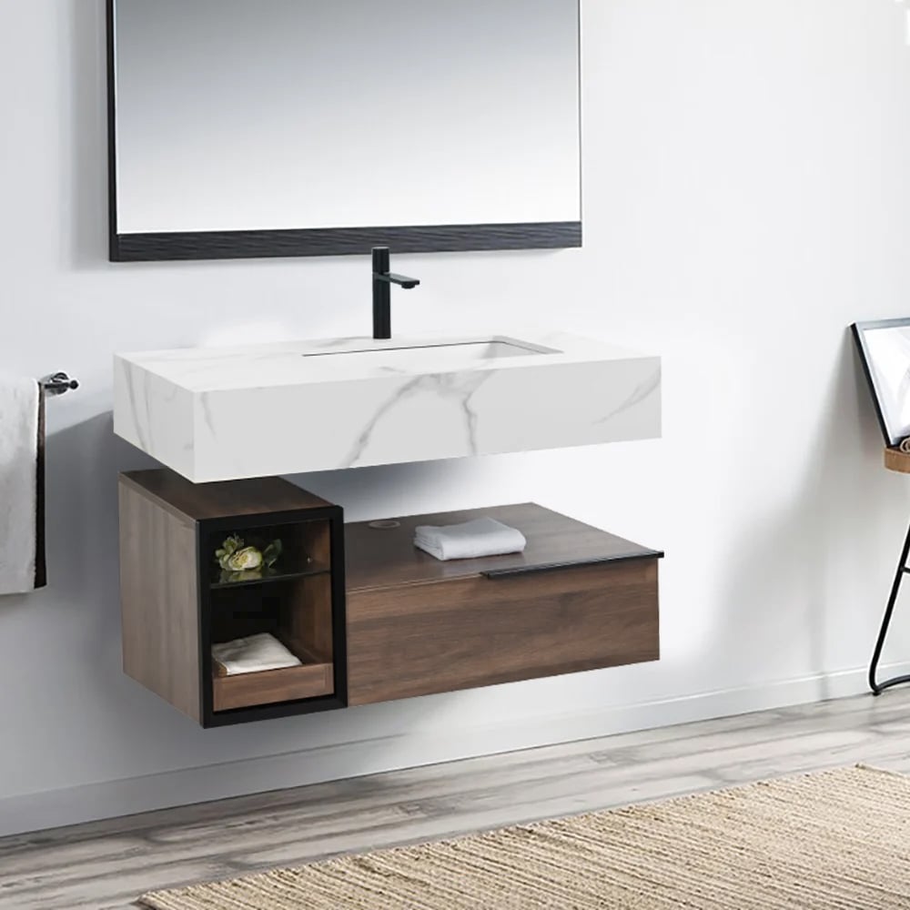 Avis Clients sur Meuble-lavabo mural en faux marbre 1000 mm avec 2 étagères et 1 tiroir