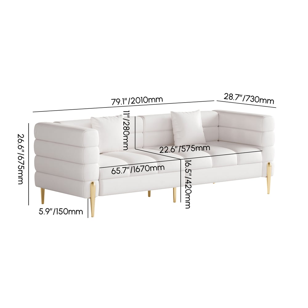 Aurora 79" Leather Fluted Sofa with Gold Legs & Pillows Set of 2 weights dimensions image