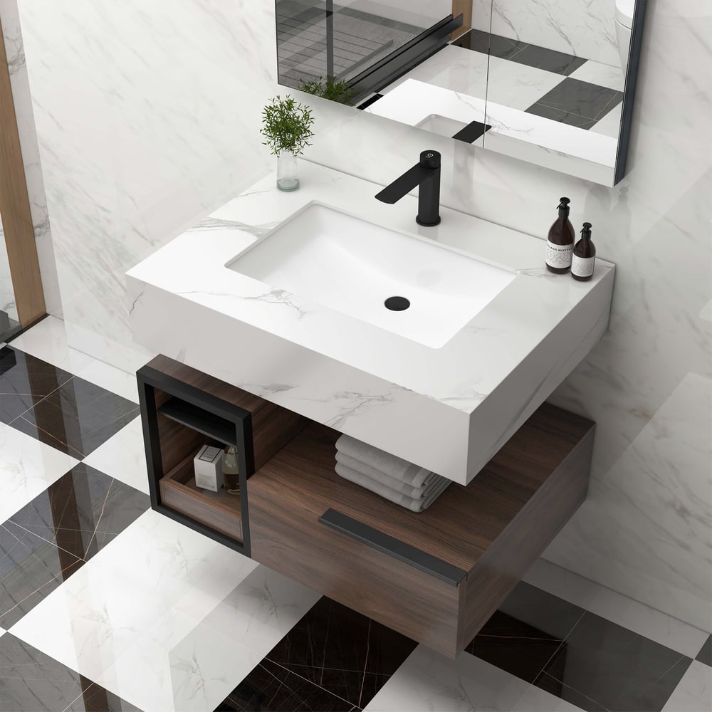 Customer Reviews for 800mm Wall-Mounted Bathroom Vanity Faux Marble Top with 2 Shelves & 1 Drawer