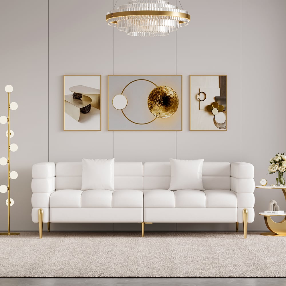 Customer Reviews for Aurora 79" Faux Leather Fluted Sofa with Gold Legs & Pillows