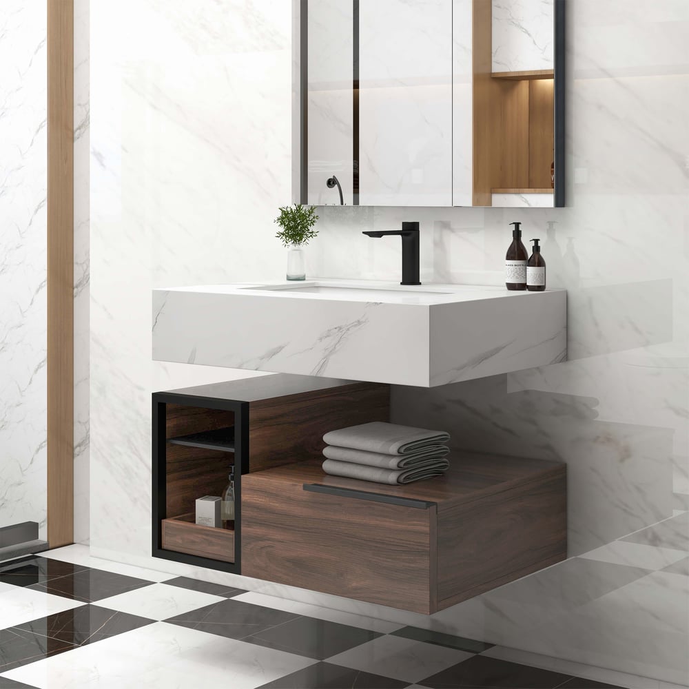 Customer Reviews for 800mm Wall-Mounted Bathroom Vanity Faux Marble Top with 2 Shelves & 1 Drawer