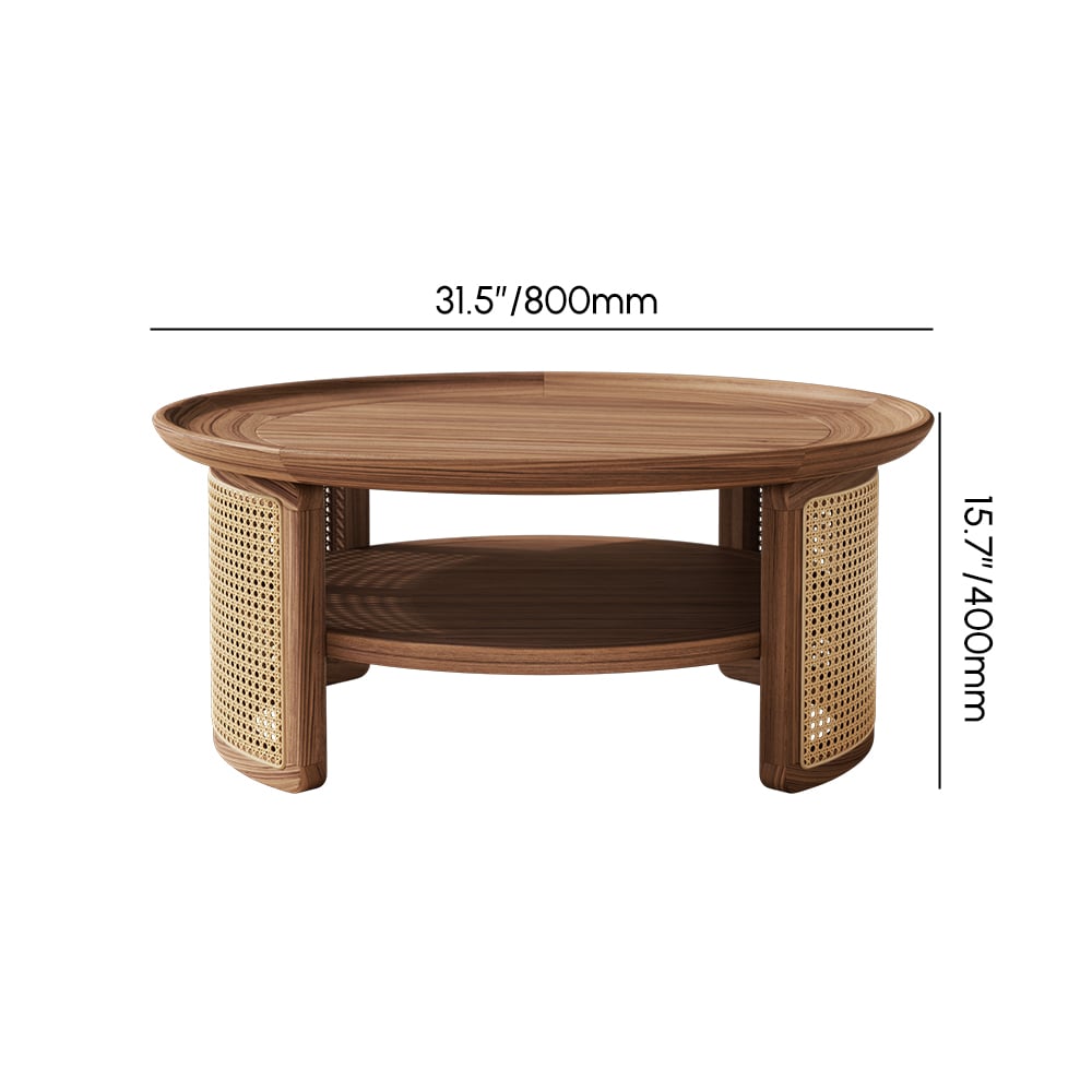 Free Shipping on 2-Tiered Japandi Round  Walnut Wood Coffee Table with Storage Rattan Base｜Homary 