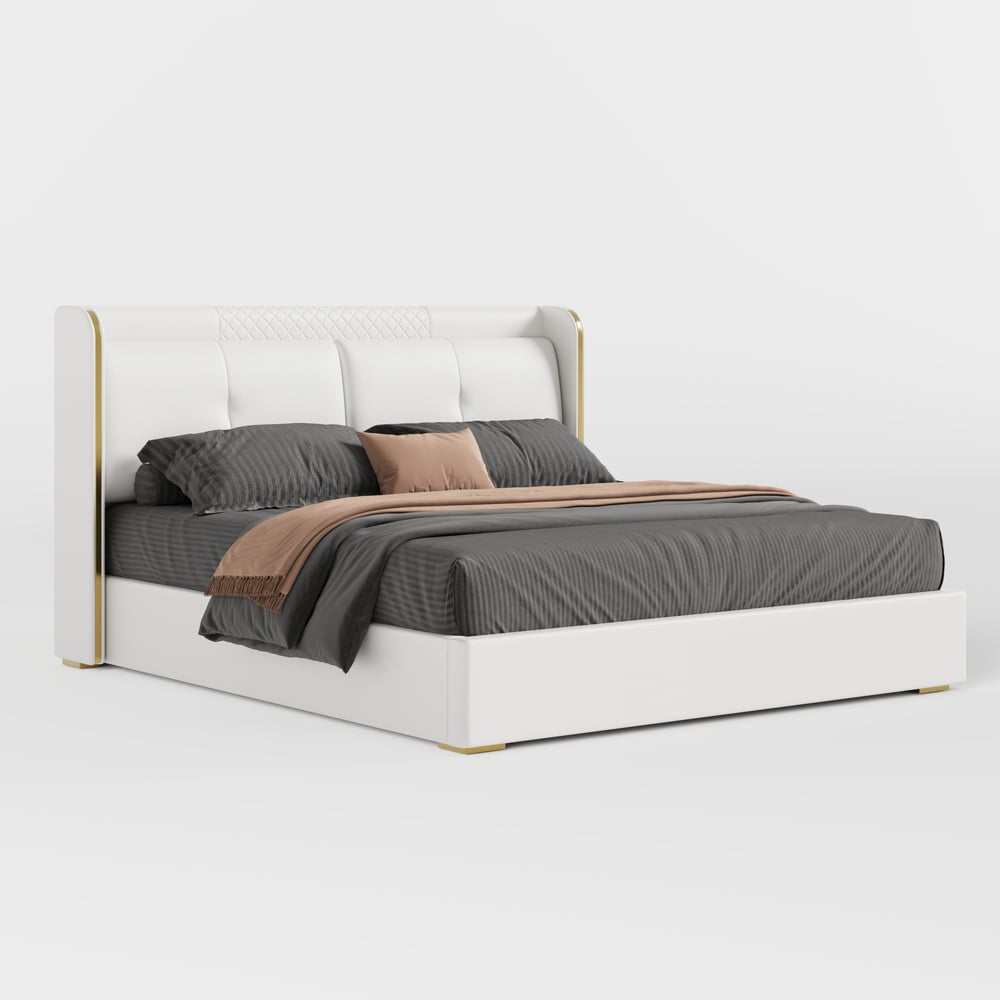 Homary White Wingback King Bed Headboard & 2 Nightstands Set with Wireless Charger  window image