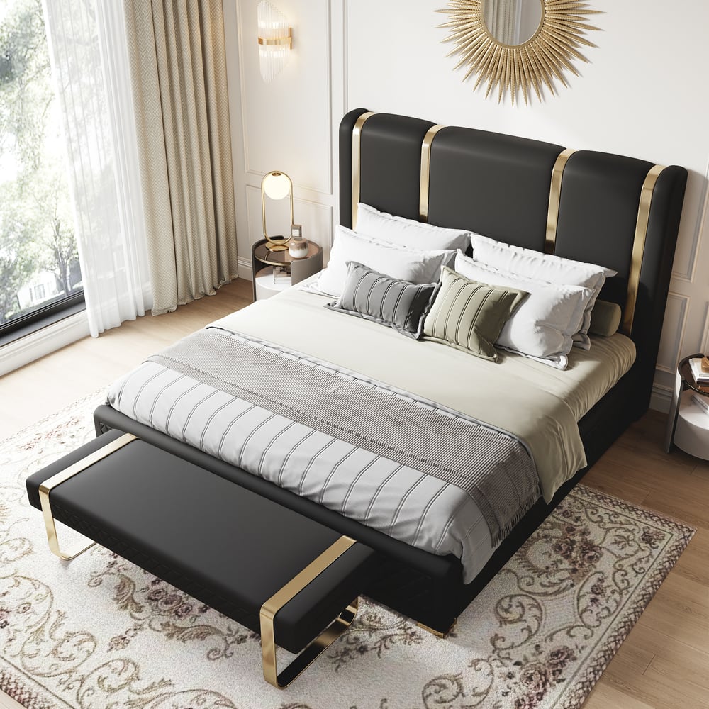 Customer Reviews for Modern Black Upholstered King Bed Polished Gold and Faux Leather Headboard Included