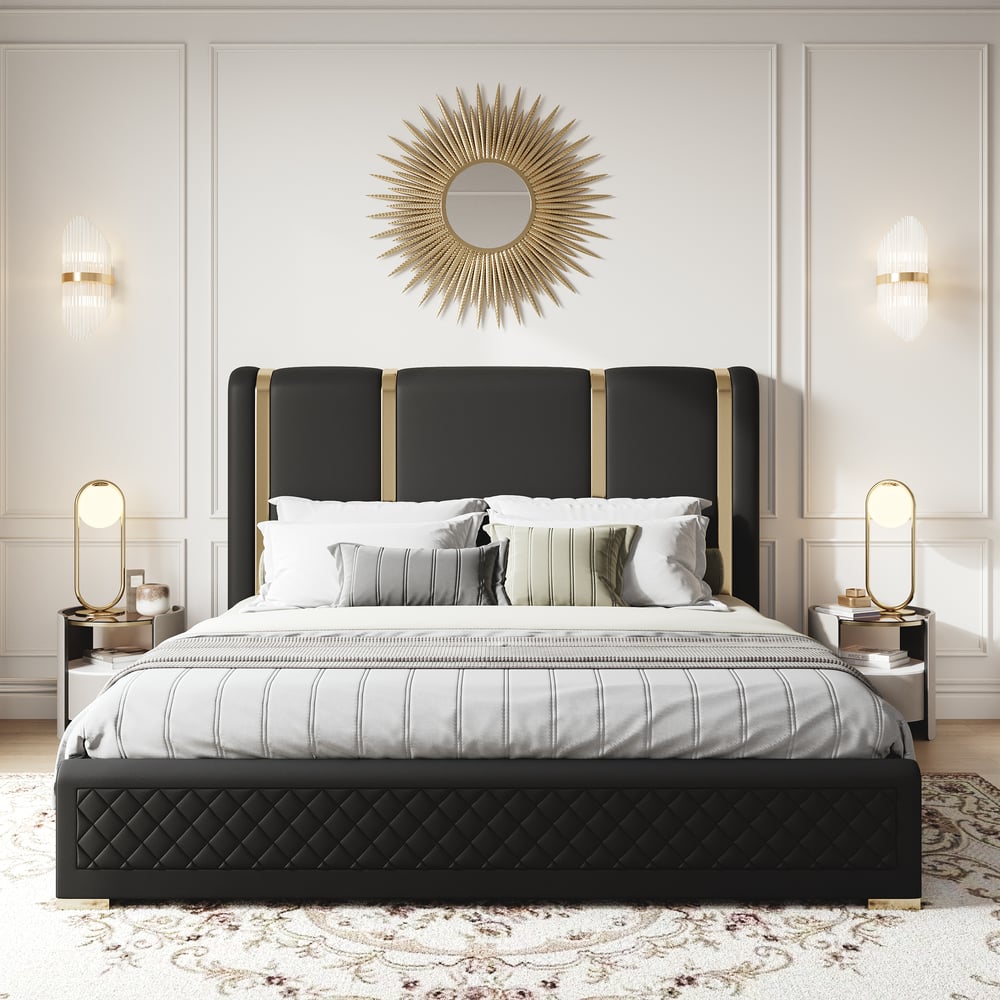Customer Reviews for Modern Black Upholstered King Bed Polished Gold and Faux Leather Headboard Included