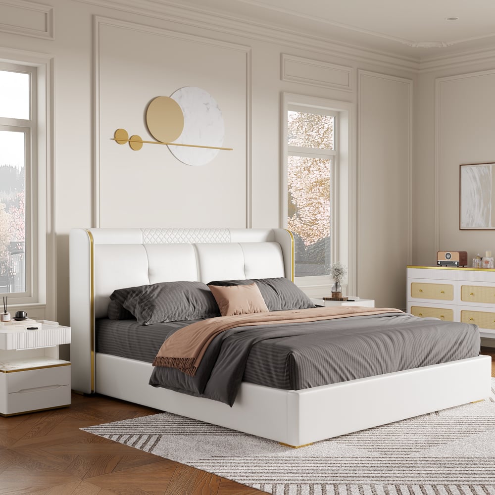 Homary White Wingback King Bed Headboard & 2 Nightstands Set with Wireless Charger  window image