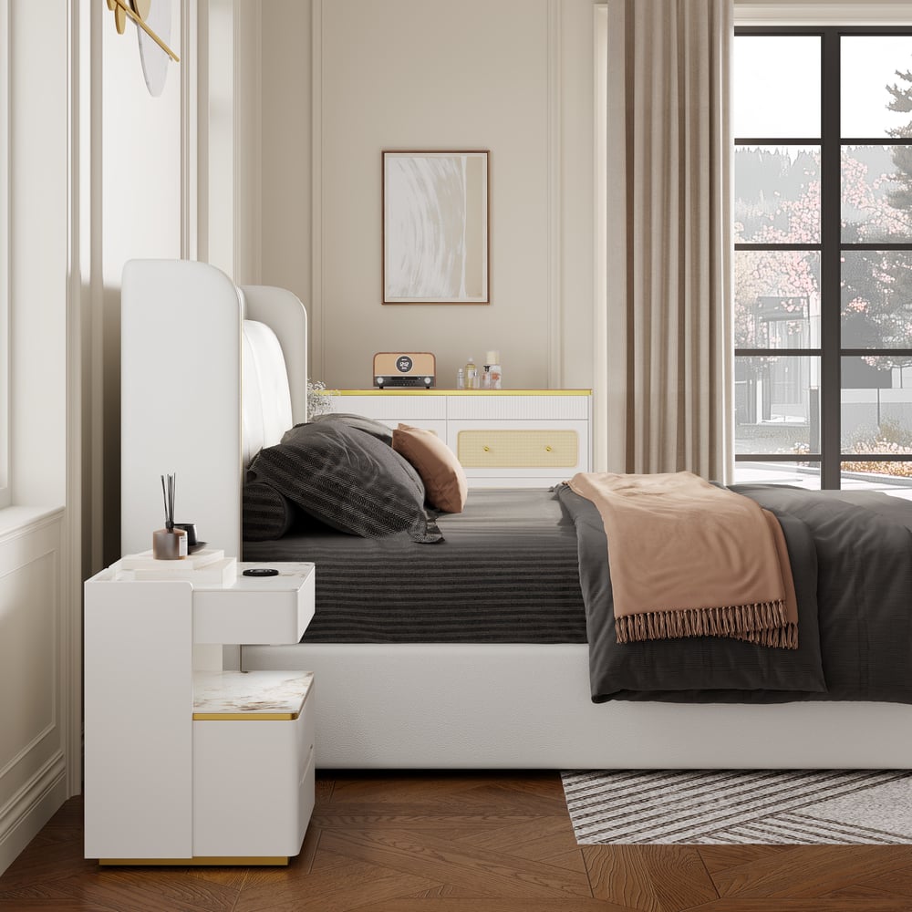 Homary White Wingback King Bed Headboard & 2 Nightstands Set with Wireless Charger  window image