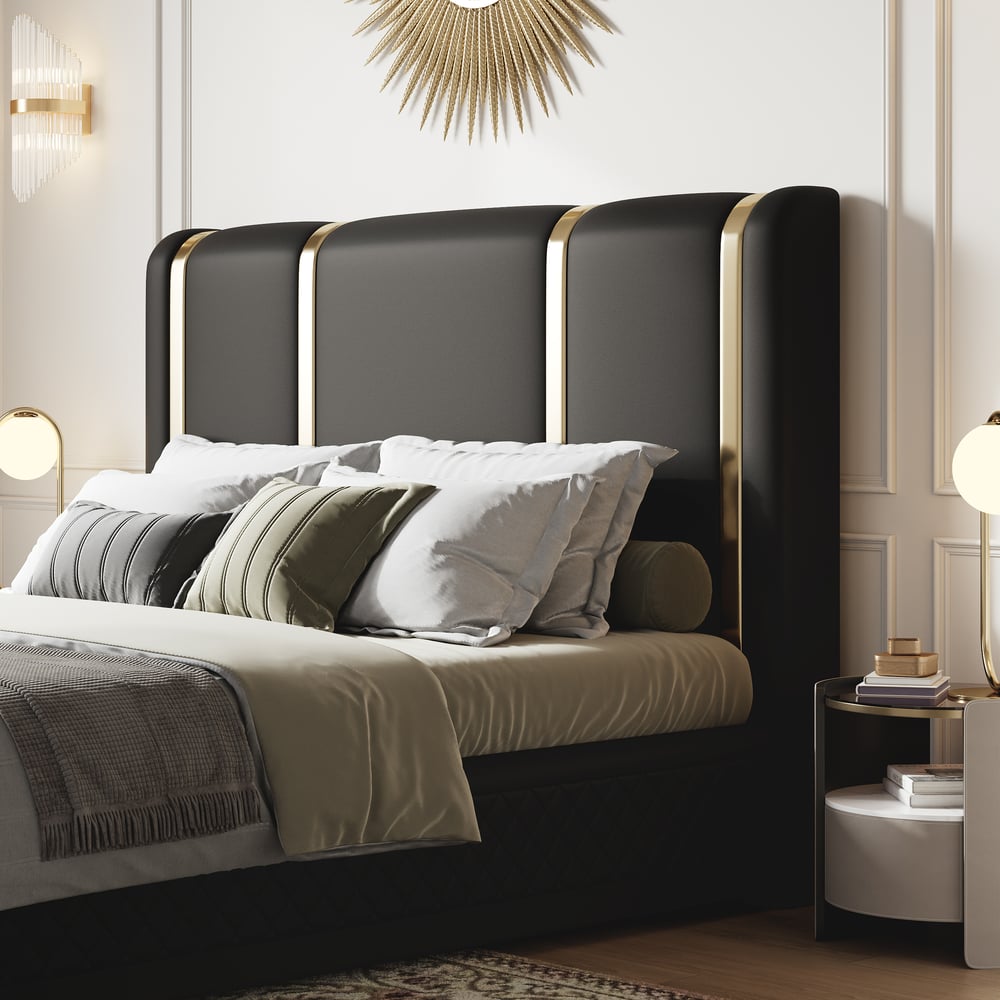 Customer Reviews for Modern Black Upholstered King Bed Polished Gold and Faux Leather Headboard Included