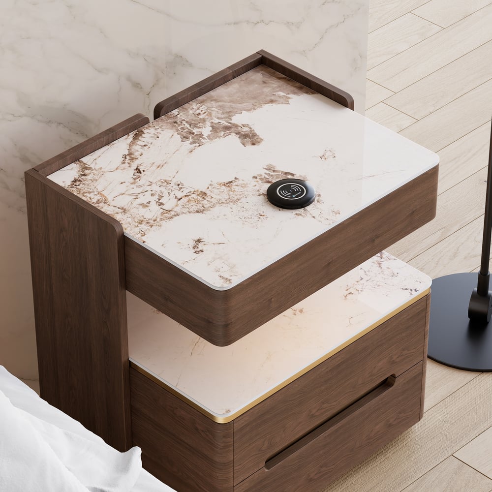 Vragen en antwoorden voor Vailora Smart Walnut nachtkastje met draadloze oplader en sensorlicht Bluetooth-luidsprekers