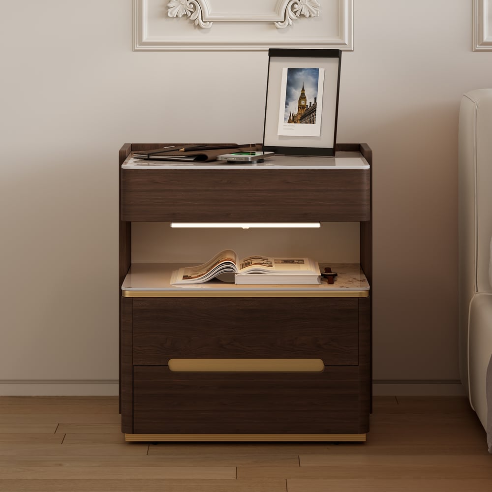 Vragen en antwoorden voor Vailora Smart Walnut nachtkastje met draadloze oplader en sensorlicht Bluetooth-luidsprekers