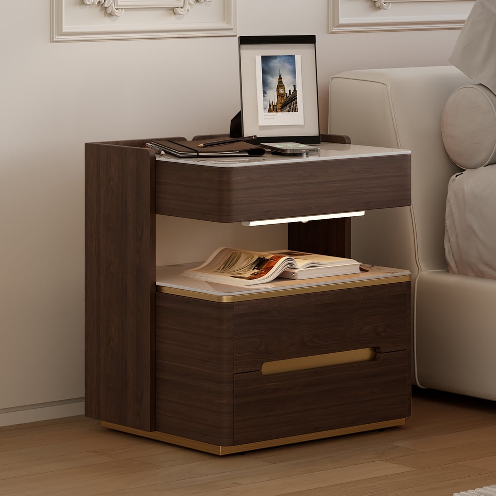 Vragen en antwoorden voor Vailora Smart Walnut nachtkastje met draadloze oplader en sensorlicht Bluetooth-luidsprekers