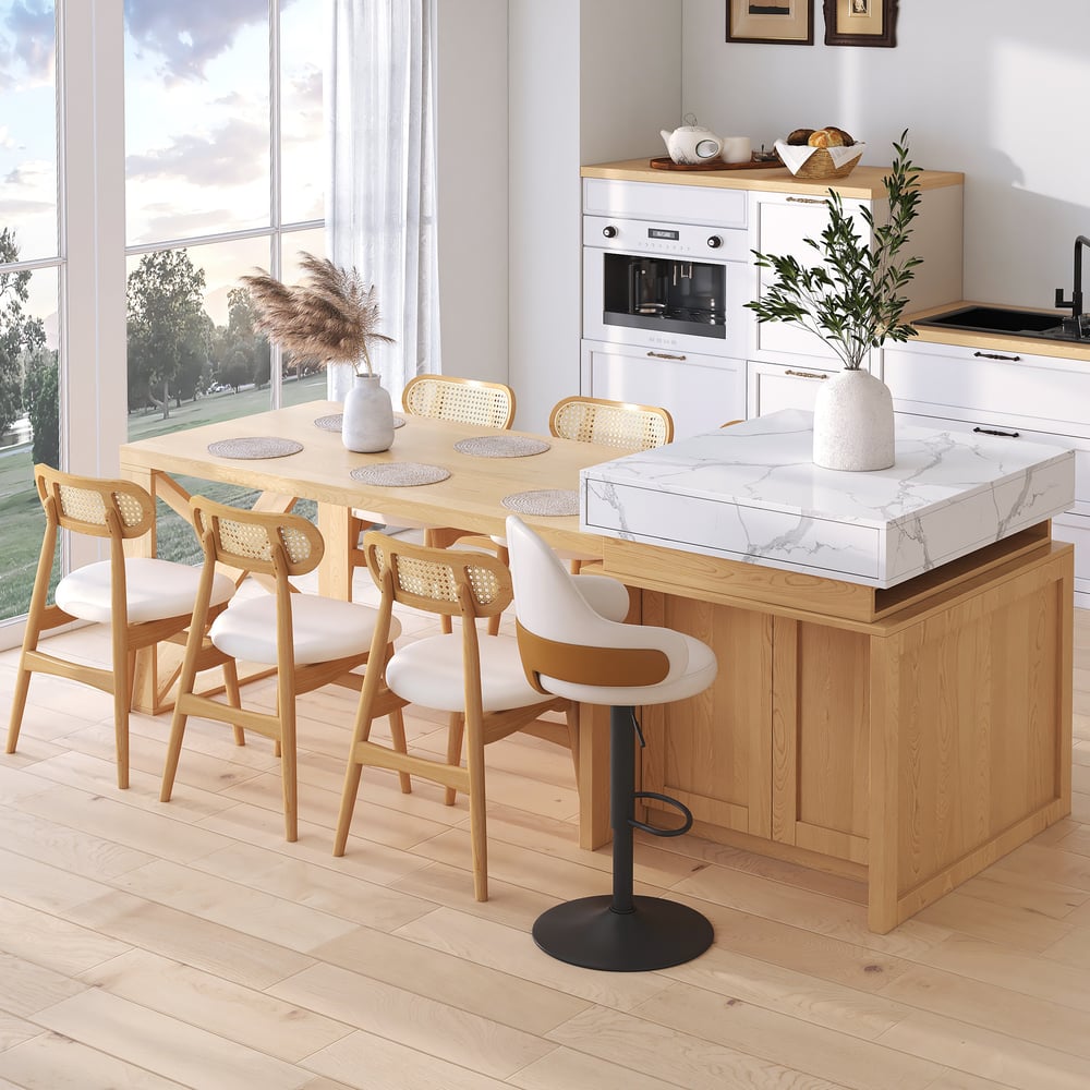 Avaliações de clientes sobre Ilha de cozinha extensível branca e natural de 73"-93" com armário de cozinha de armazenamento