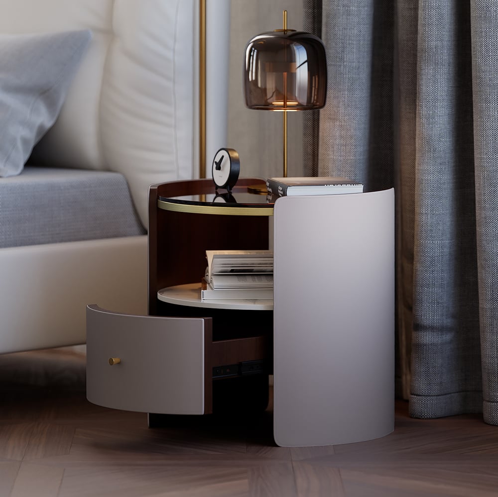 Customer Reviews for Modern 2 Pieces Round Bedside Table Made of Leather & Sintered Stone with Glass Top & Shelf